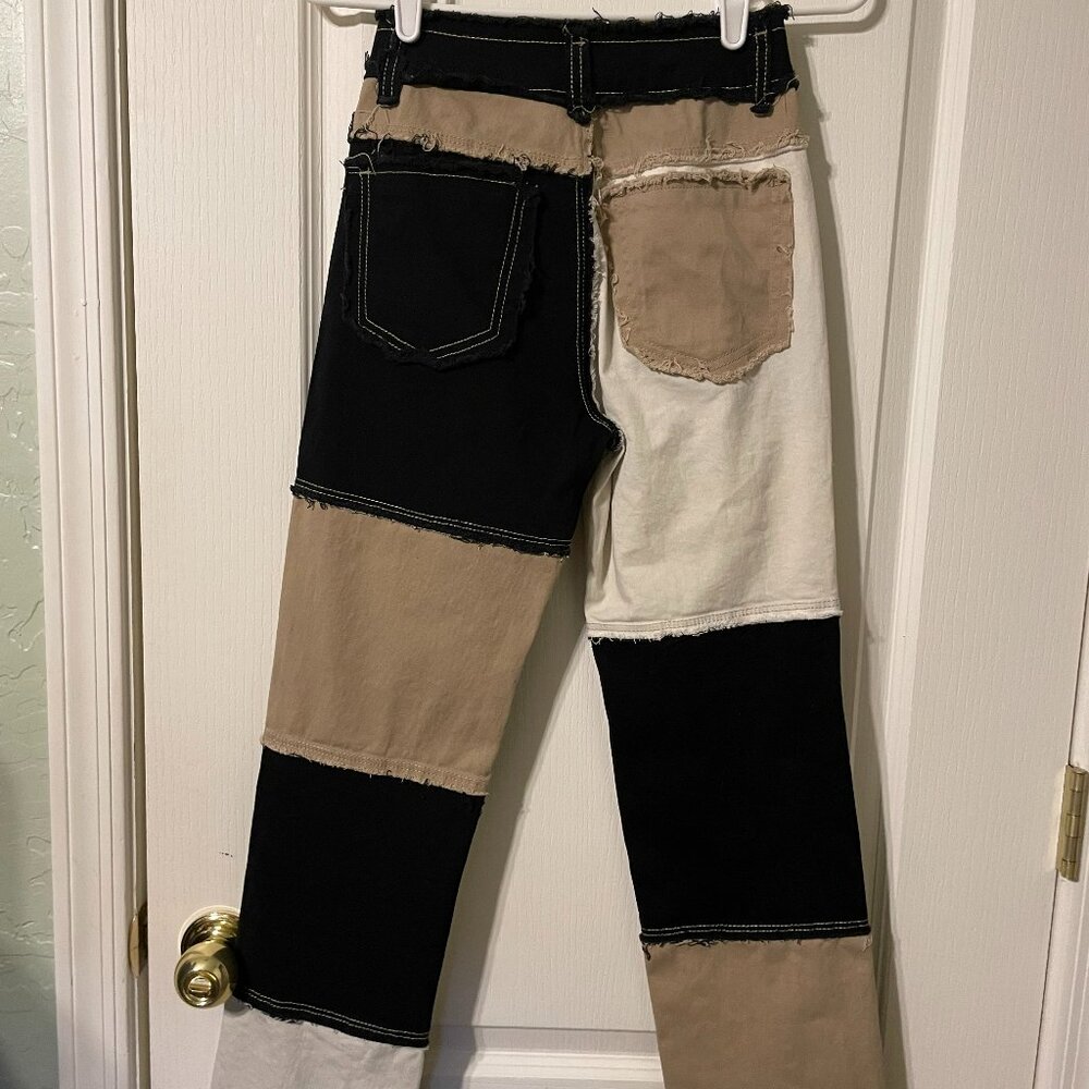 Y2K Patchwork Neutral Colorblock Straight Leg Jeans - Size X-Small XS - Picture 6 of 9